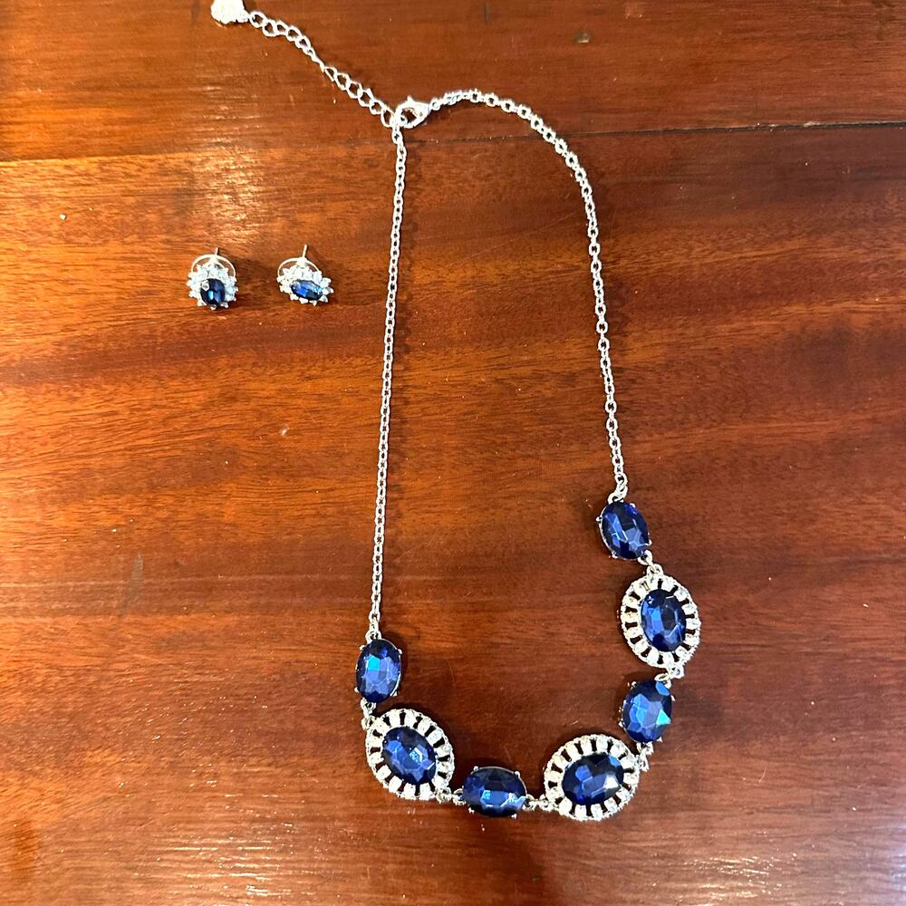 Monet Necklace Set Earrings Blue Rhinestone Cz Cubic Zirconia Costumen Jewelry